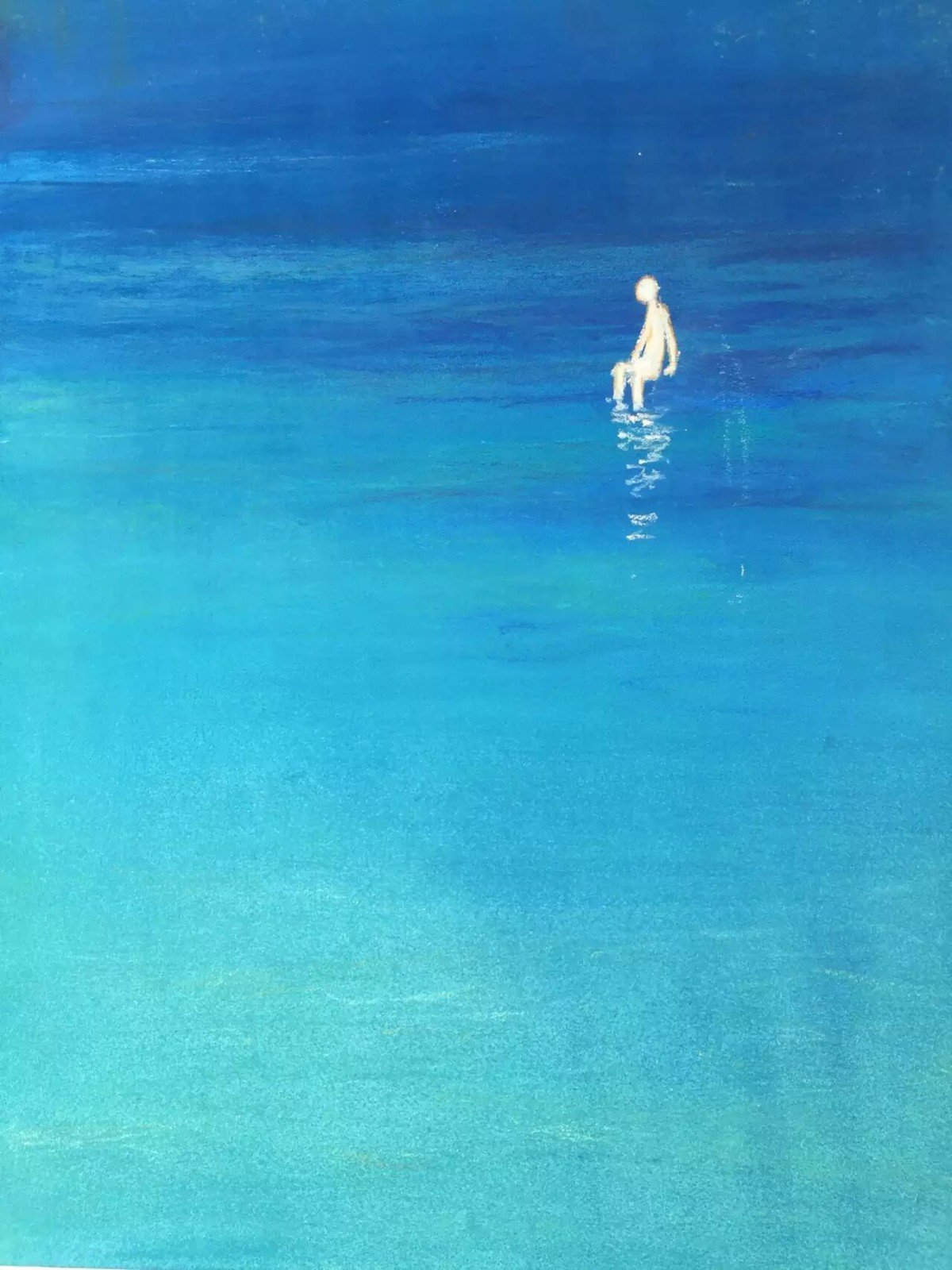 Pastel painting of a small pale figure sitting alone on bright turquoise water