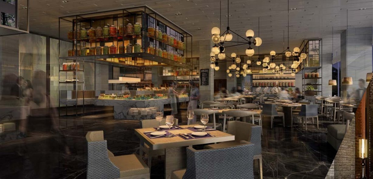 Hotel restaurant rendering with pendant globes and lit shelving