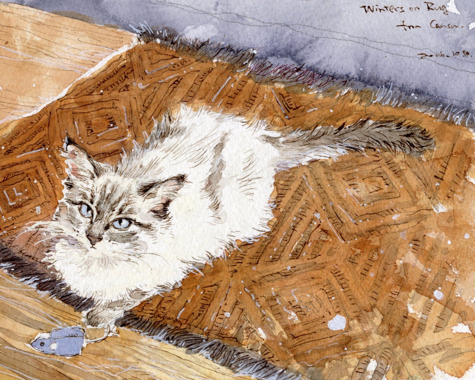 Fluffy white and grey cat with blue eyes lying on a patterned rust-colored rug