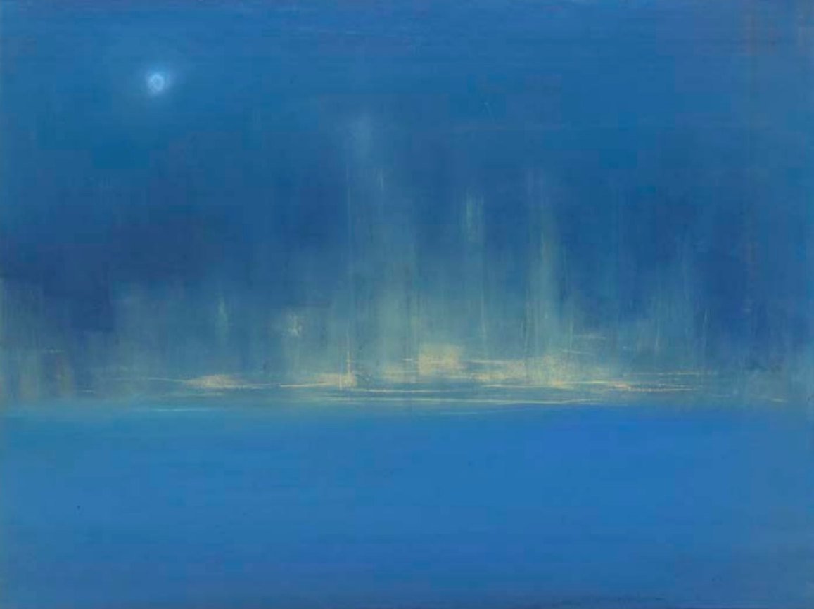 Moonlit blue horizon with a faint glowing city across the water