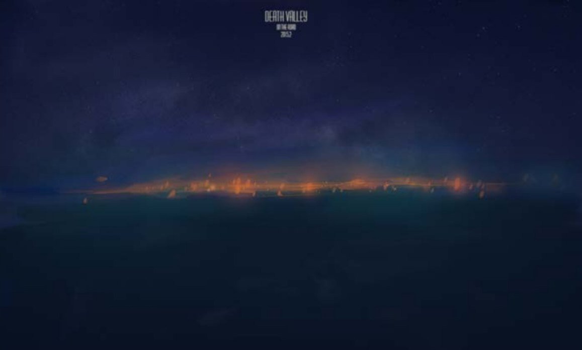 Dark night valley with a line of distant orange lights