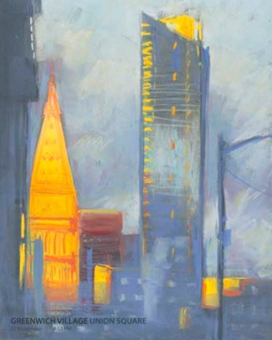 Church spire and tower lit gold at dusk near Union Square
